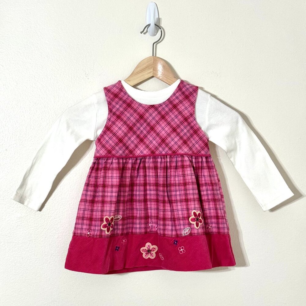 Osh Kosh Girls Plaid Flannel Jumper Dress T-Shirt Set Applique Flowers Corduroy